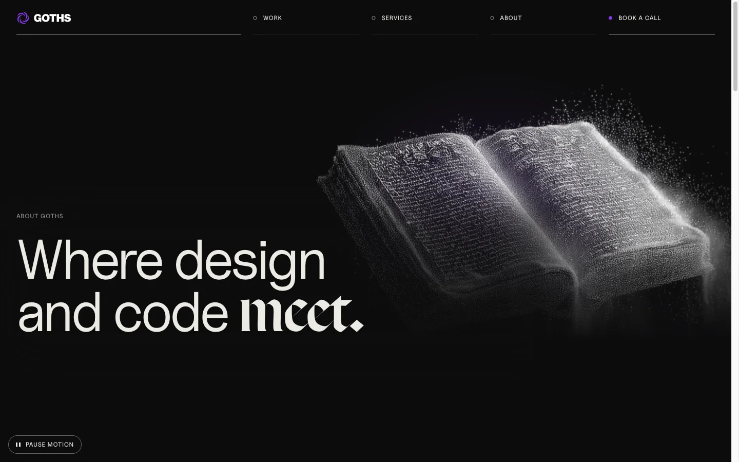 The About page: a stardust tome bleeding off the right edge under the headline Where design and code meet.