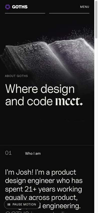 The About page on a phone: the tome above the headline Where design and code meet.