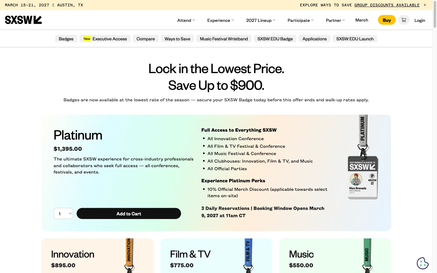 SXSW badge shop using the same universal header above its commerce navigation and badge catalog.