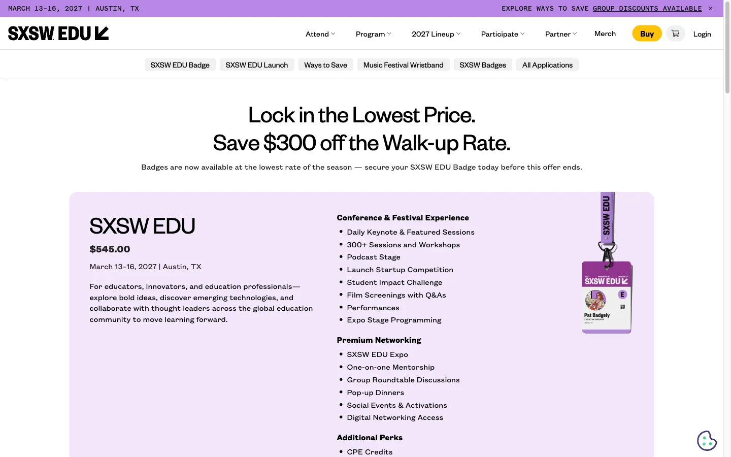 SXSW EDU badge shop with SXSW EDU branding in the shared header and a lavender badge panel.