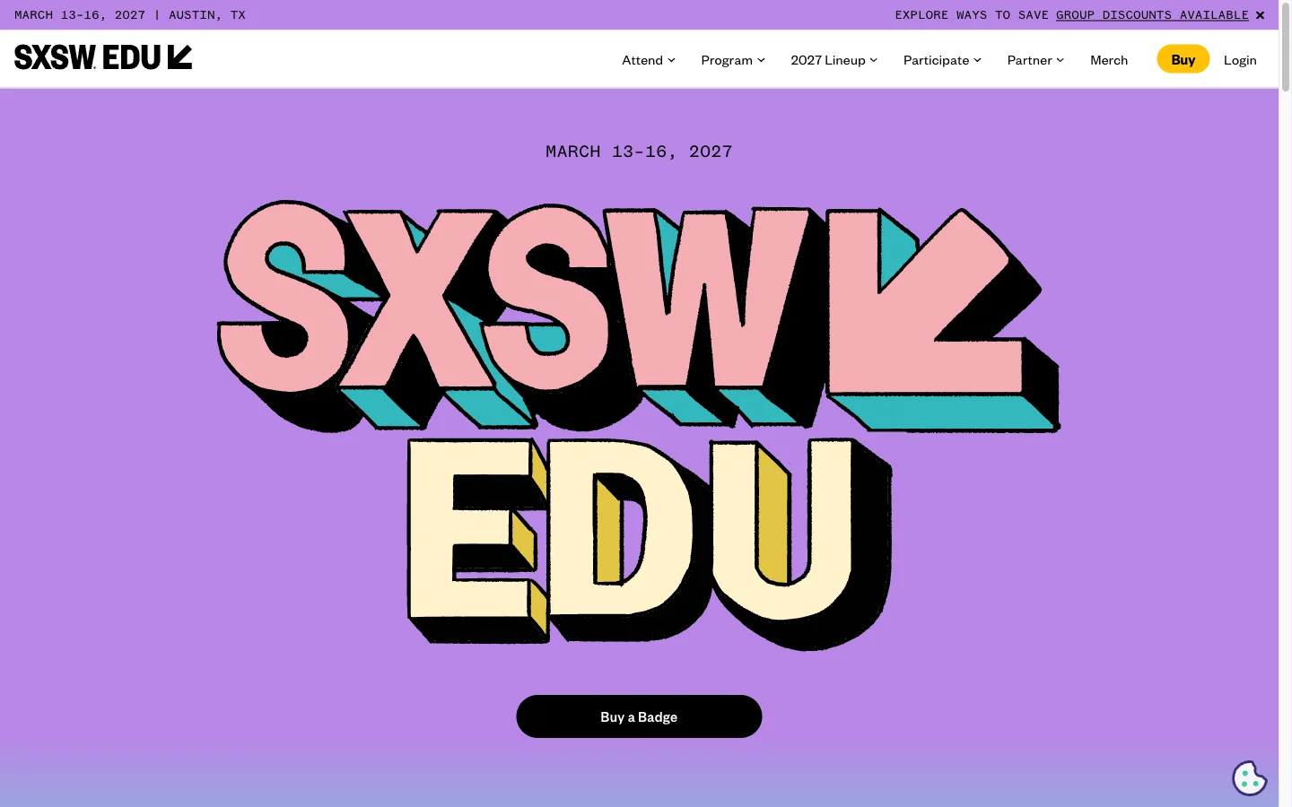 SXSW EDU homepage with the shared header, purple date strip and illustrated SXSW EDU wordmark.