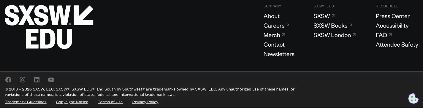 SXSW EDU footer with its white wordmark on a dark background, shared company and resource links, social links and legal details.