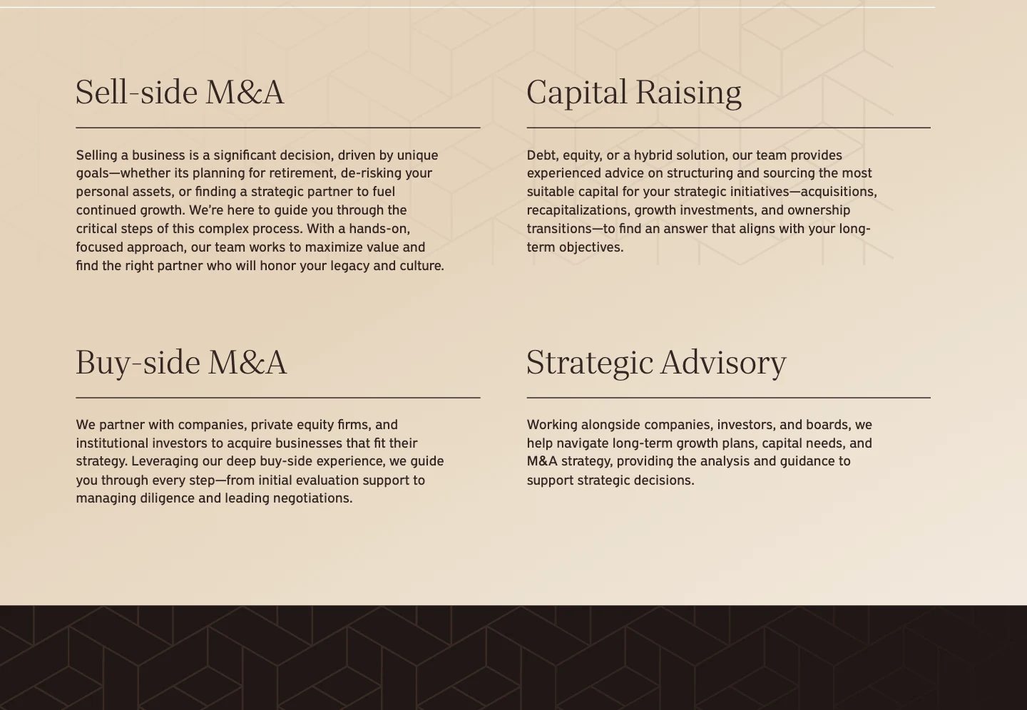 Zions Capital Markets feature grid: four service descriptions set in Quinn Display and PF Grand Gothik, with fine underlines over the original cream gradient and geometric artwork.