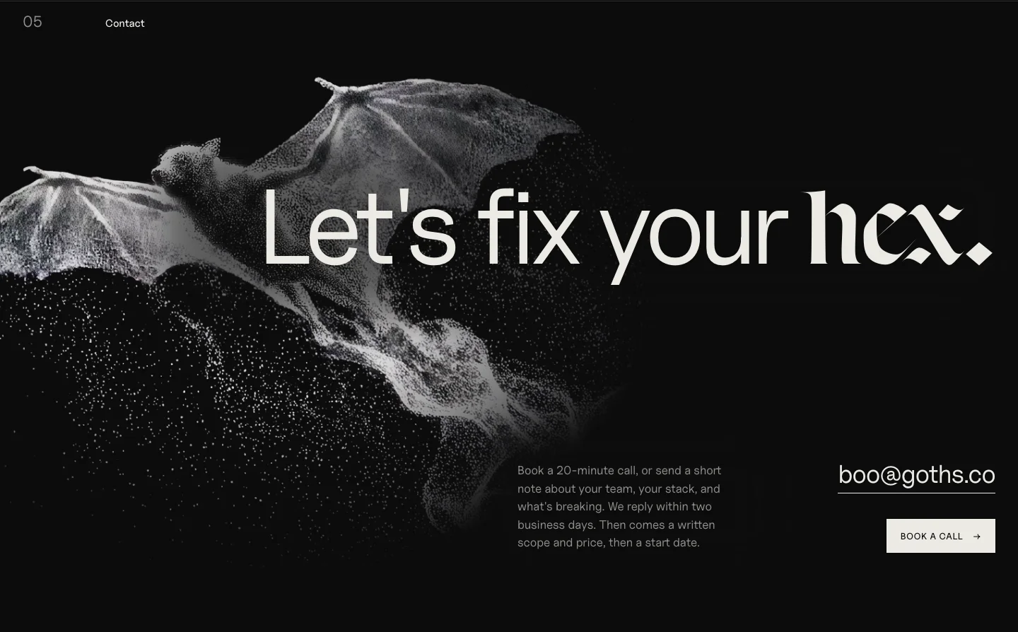 The Contact component in Storybook: the headline Let’s fix your hex with a Respira flourish, the email and Book a call.