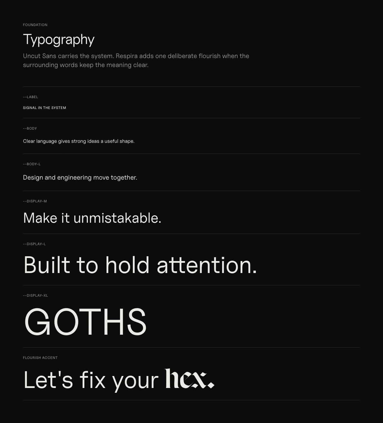 The Grimoire type foundation: label, body, body large, three display sizes in Uncut Sans, and the Respira flourish on the word hex.