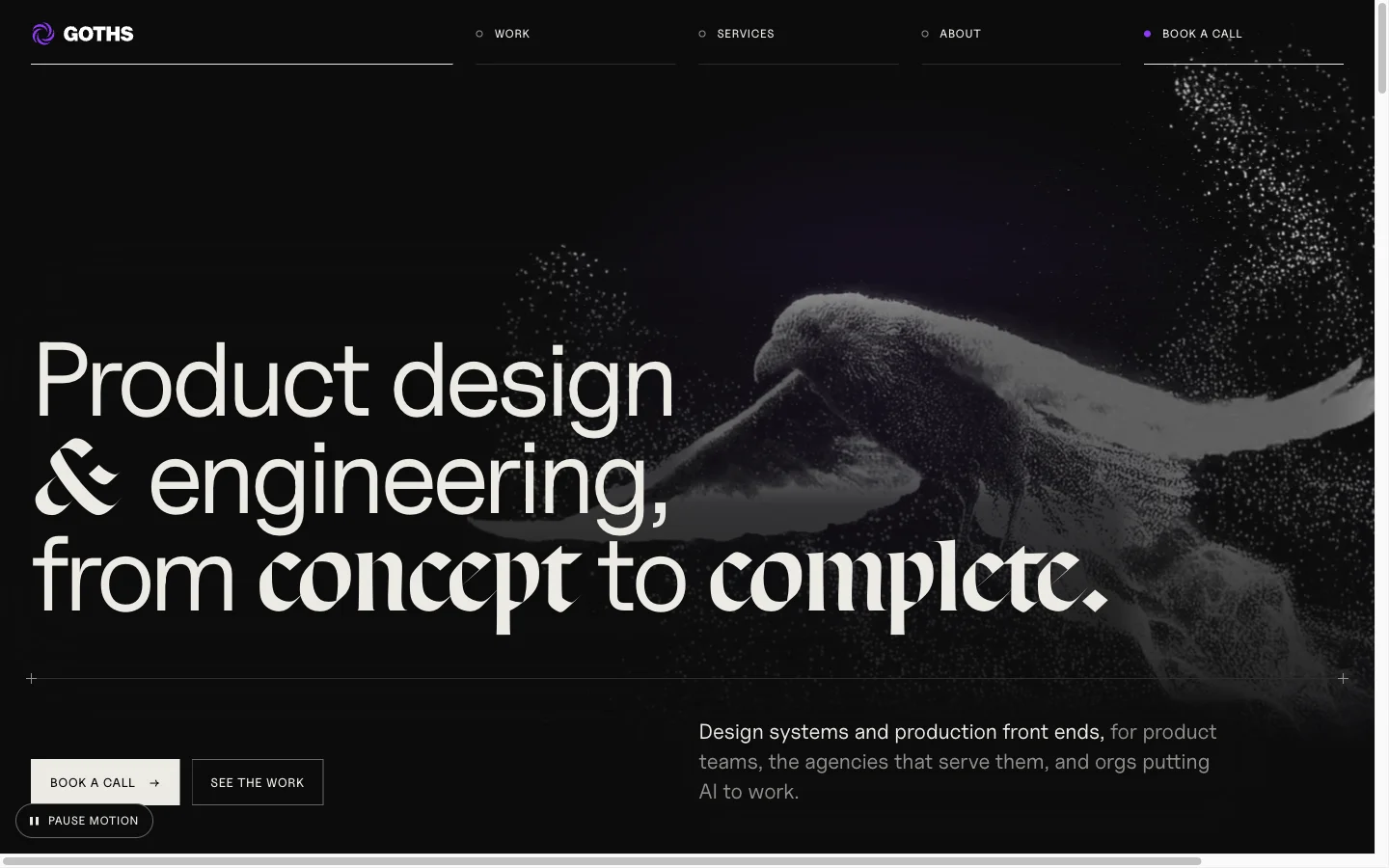 goths.co homepage: a stardust raven over ink and the headline Product design and engineering, from concept to complete.