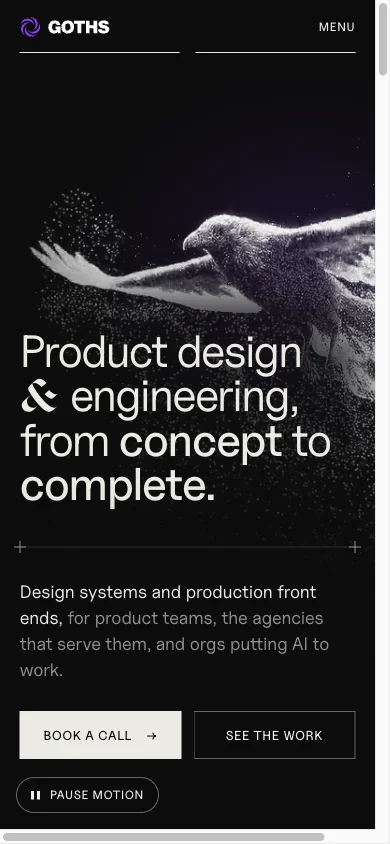 goths.co on a phone: the raven above the headline, the lede, Book a call and See the work, and the Pause motion pill.