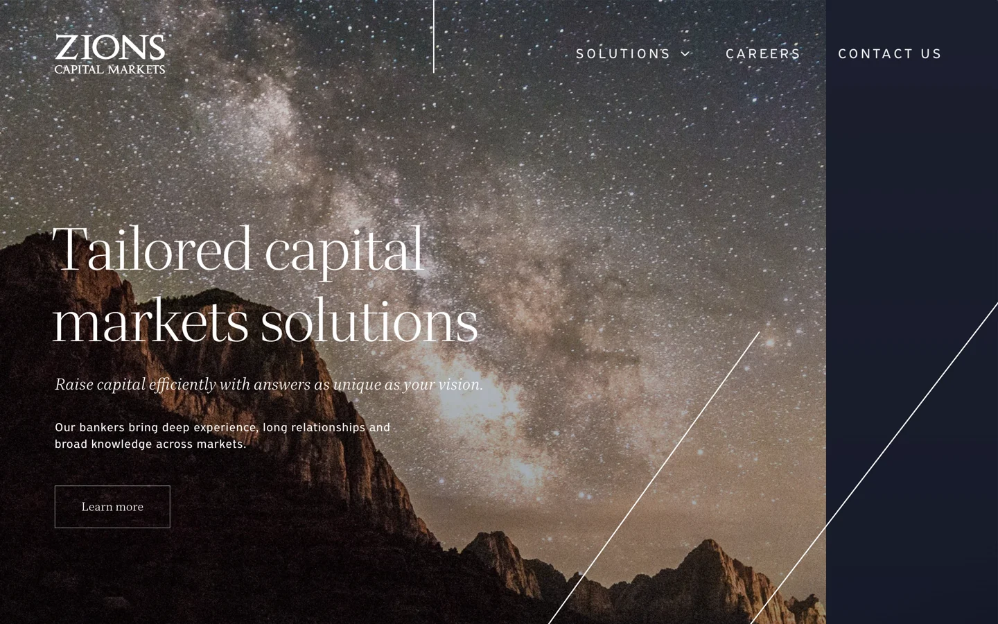 Delivered Zions Capital Markets homepage: a night-sky hero with fine diagonal lines and a serif headline.