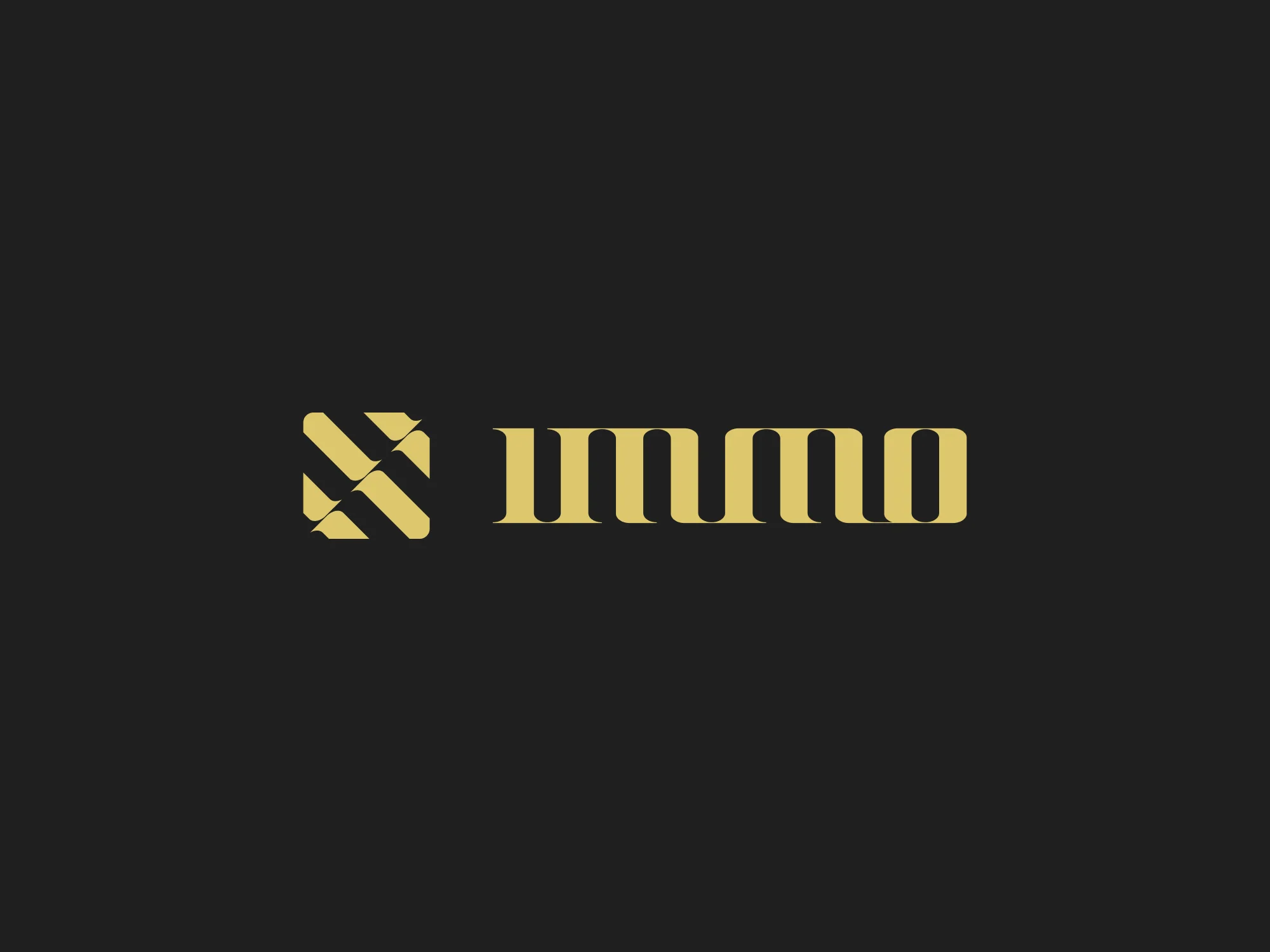 Immo identity: a geometric interlocking symbol and sculpted lowercase wordmark in gold on charcoal.