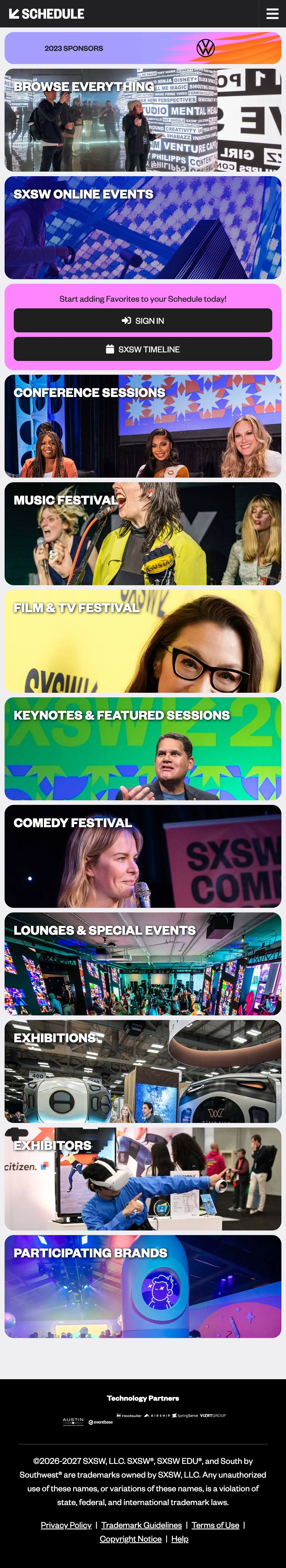 Mobile SXSW 2023 Schedule with photographic festival categories and a sign-in prompt.
