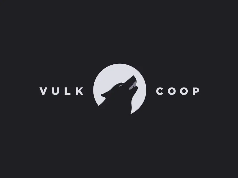 Vulk Co-op identity: a howling wolf silhouette inside a pale moon, between the spaced words Vulk and Coop.